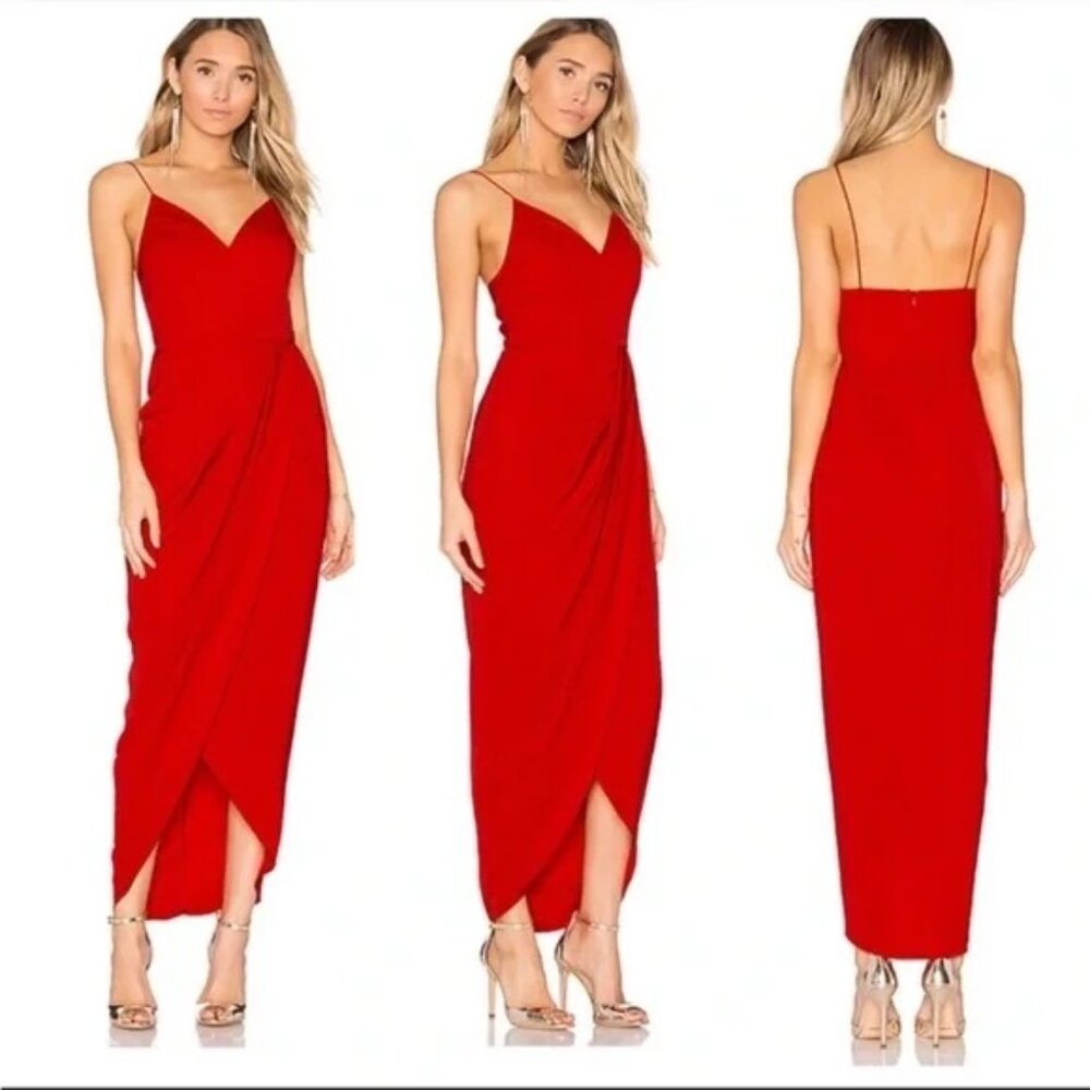 Shona Joy Draped Cocktail Dress 6 Faux Wrap High Low Maxi Tomato Red Revolve
